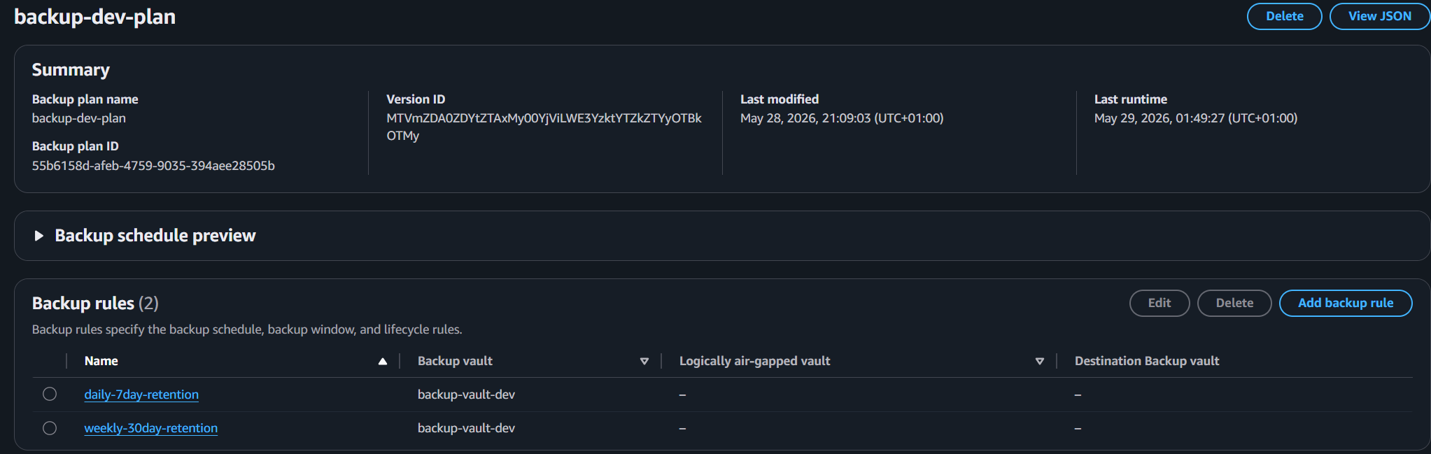 AWS Backup plan showing daily-7-day-retention and weekly-30-day-retention rules against backup-vault-dev