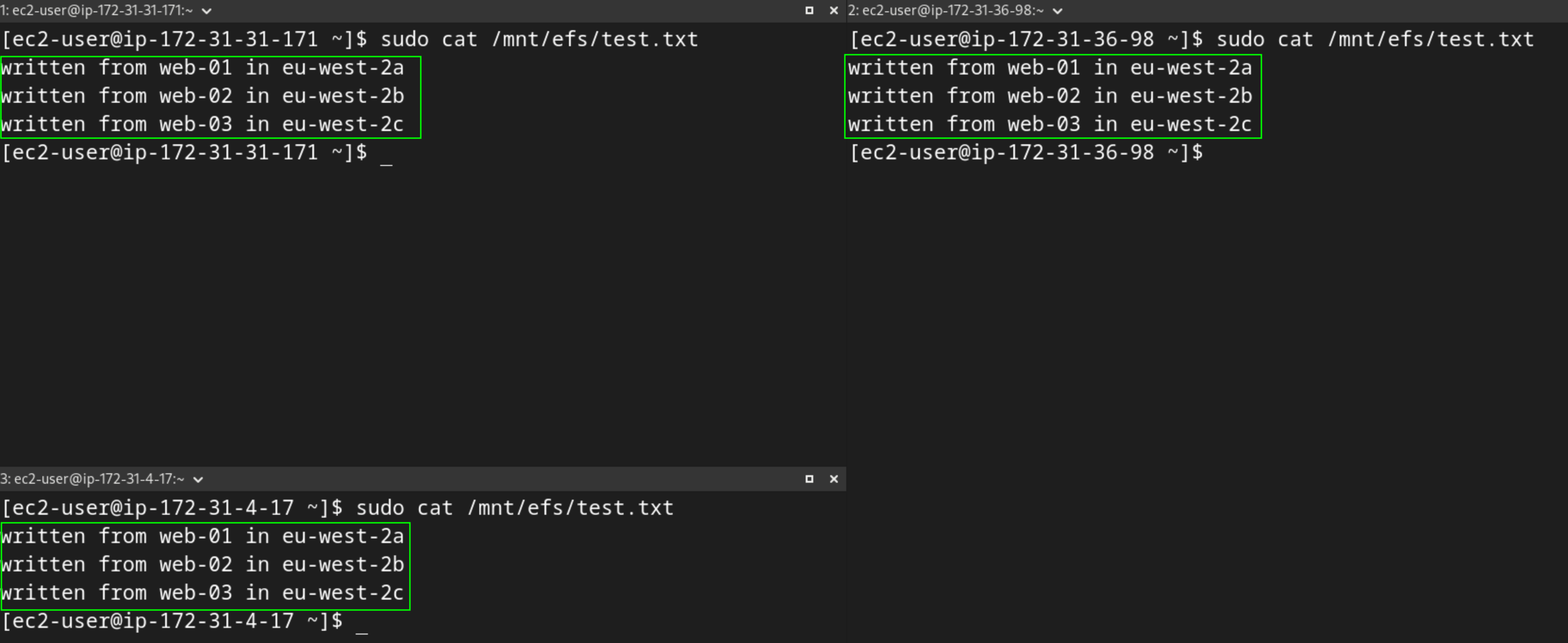 Terminal output showing test.txt read from web-03 with lines written from web-01 and web-02