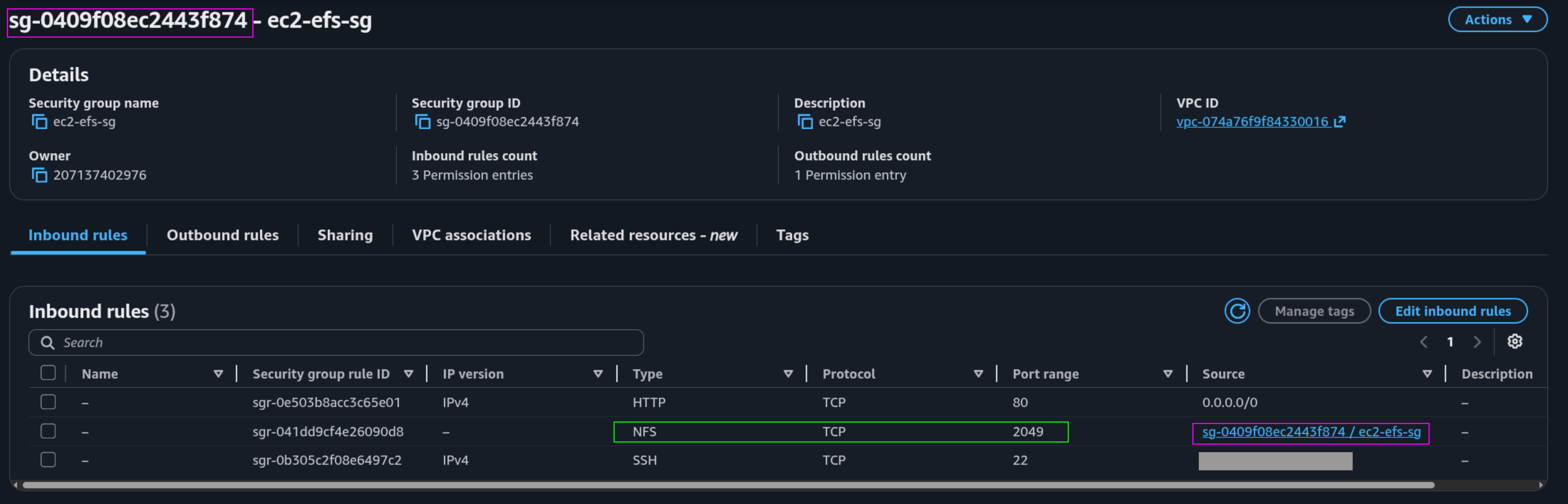 EC2 EFS security group showing TCP 2049 inbound rule with ec2-efs-sg as its own source