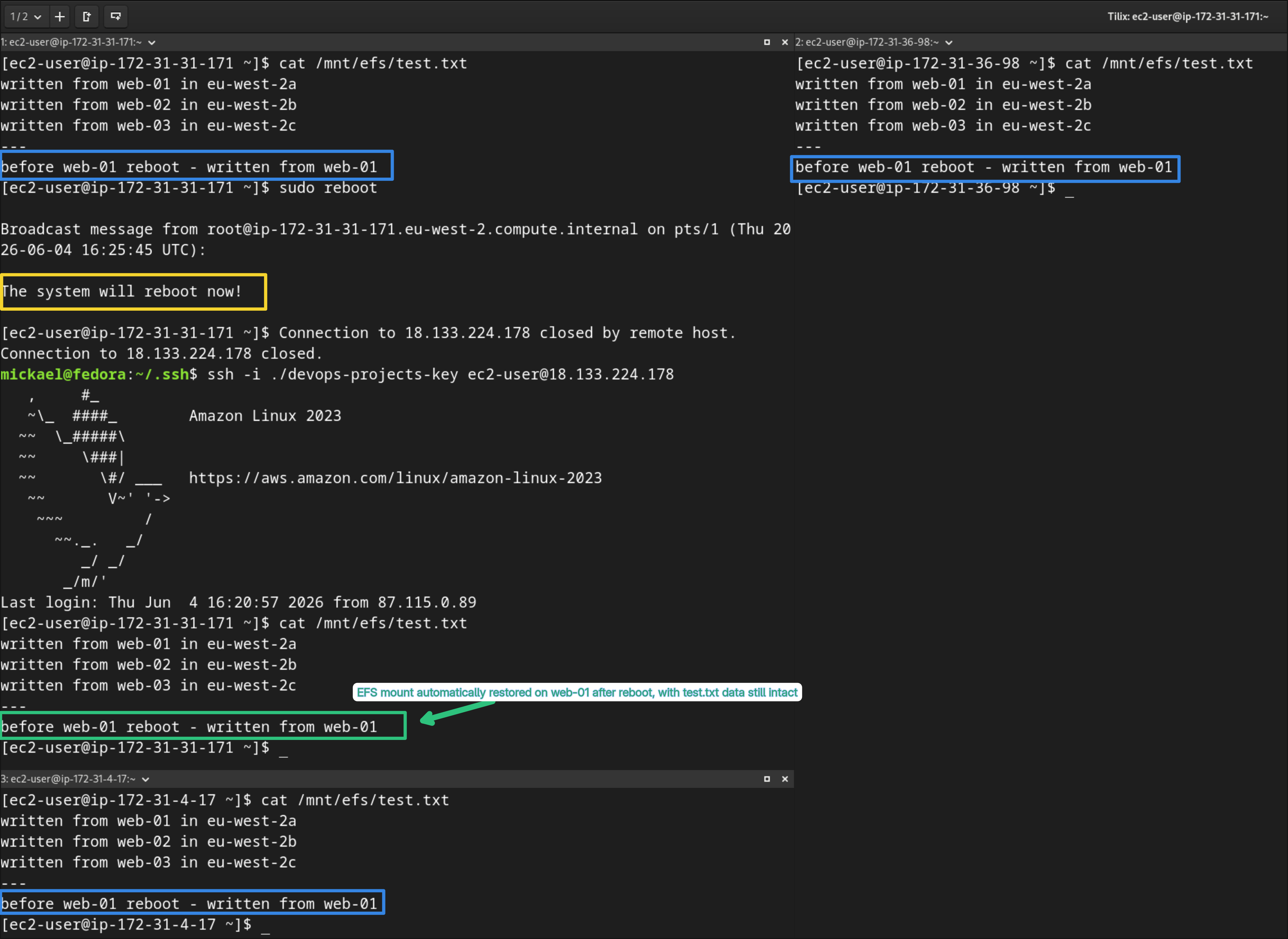 web-01 after reboot with EFS mount restored and test.txt data intact across all instances