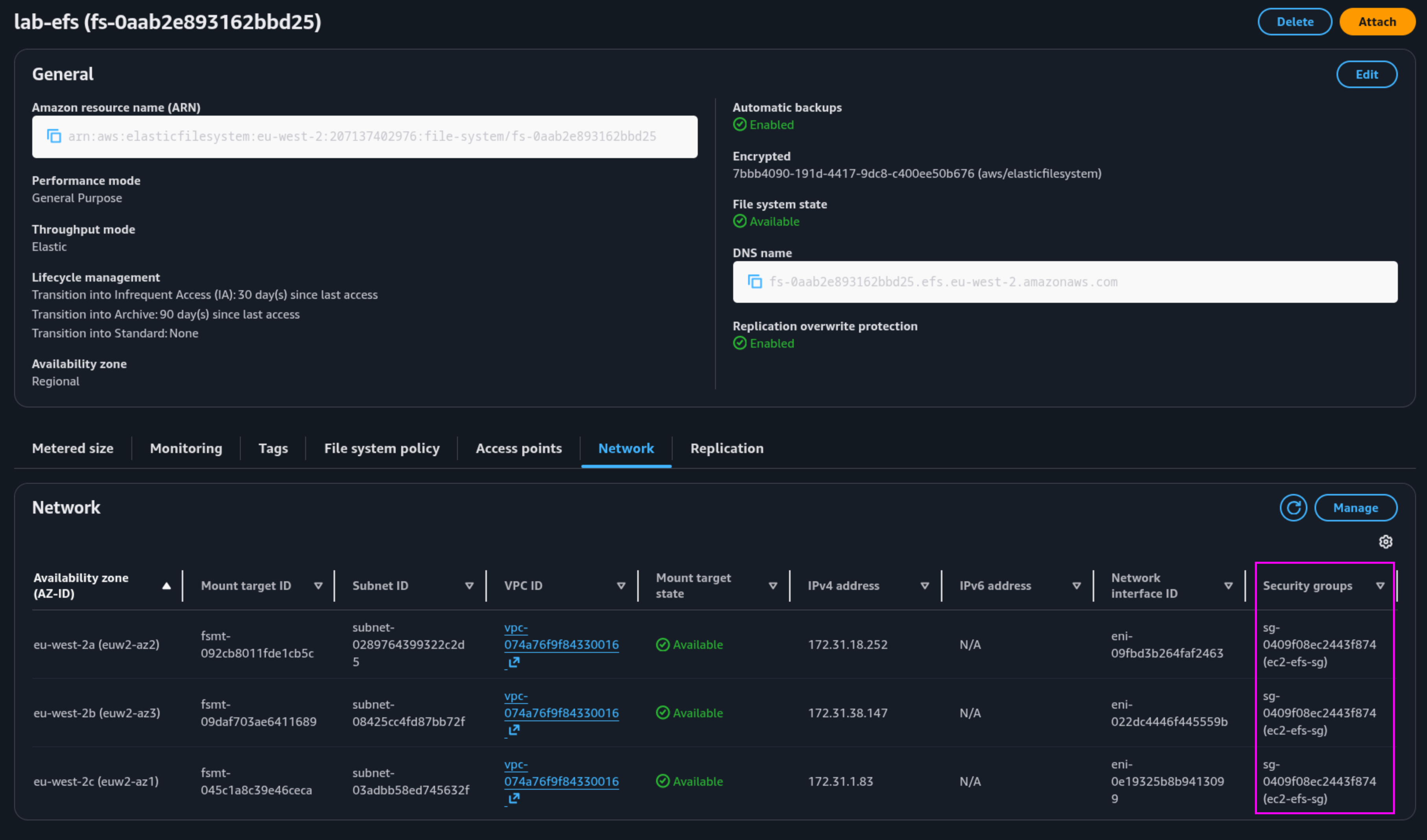 EFS network rules showing mount target inbound NFS rule